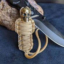 Load image into Gallery viewer, Paracord Keychain Mummy Brass Skull