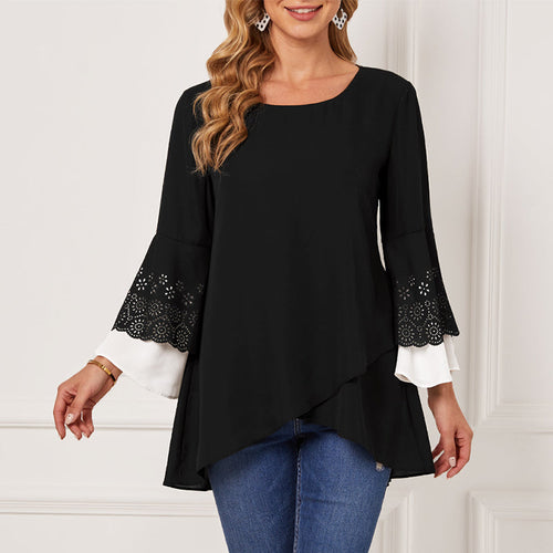 Women's Round Neck Contrast Color Nine-point Sleeve Shirt