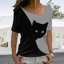 Load image into Gallery viewer, Diagonal Neck Black Cat T-Shirt