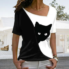 Load image into Gallery viewer, Diagonal Neck Black Cat T-Shirt