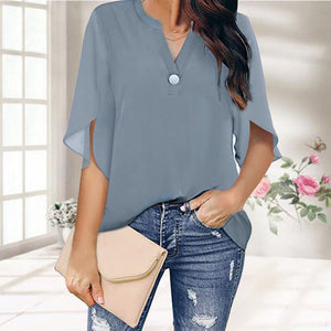 Casual V-neck Button Chiffon Short-sleeved Top