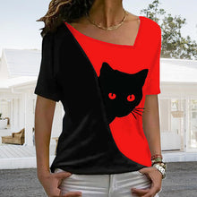 Load image into Gallery viewer, Diagonal Neck Black Cat T-Shirt