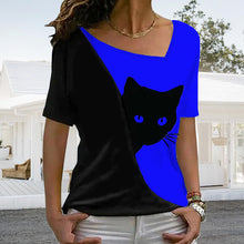 Load image into Gallery viewer, Diagonal Neck Black Cat T-Shirt