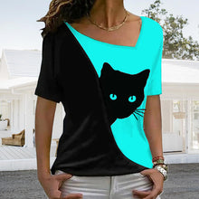 Load image into Gallery viewer, Diagonal Neck Black Cat T-Shirt