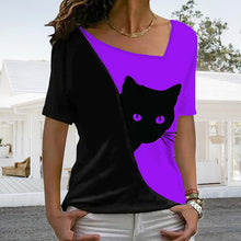 Load image into Gallery viewer, Diagonal Neck Black Cat T-Shirt