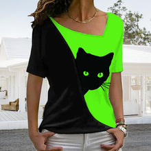 Load image into Gallery viewer, Diagonal Neck Black Cat T-Shirt