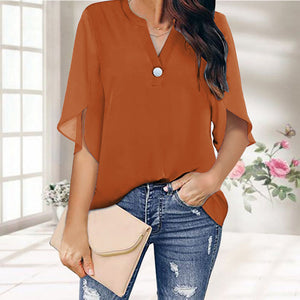 Casual V-neck Button Chiffon Short-sleeved Top