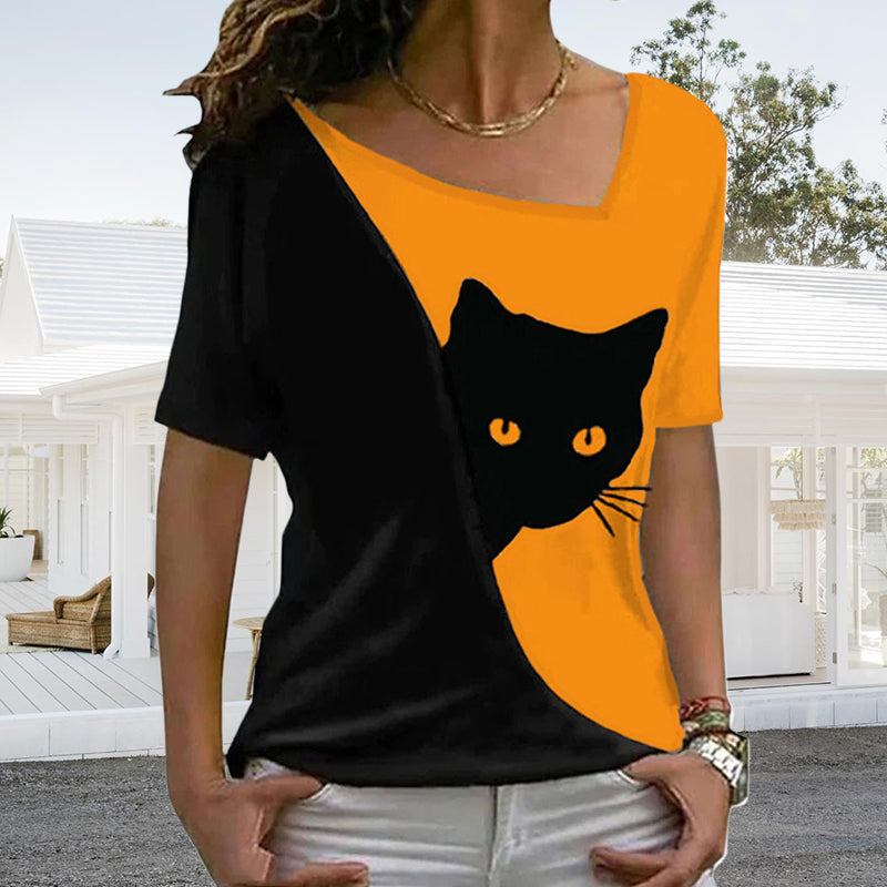 Diagonal Neck Black Cat T-Shirt