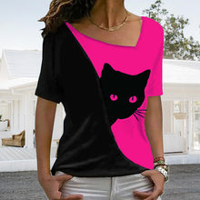 Load image into Gallery viewer, Diagonal Neck Black Cat T-Shirt