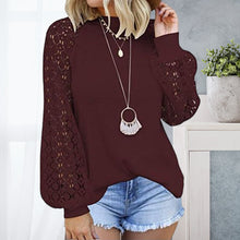 Load image into Gallery viewer, Round Neck Long Sleeve Lace Panel Loose T-Shirt