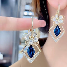 Load image into Gallery viewer, Flower Zircon Rhombic Sapphire Drop Earrings