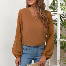 Load image into Gallery viewer, V-Neck Chiffon Panel Long Sleeve T-Shirt