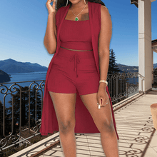 Load image into Gallery viewer, 3PCS Ribbed Crop Tank Top &amp; Shorts Set With Vest Cardigan