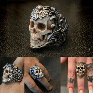 💀💀Vintage polish floral armor antler skull ring