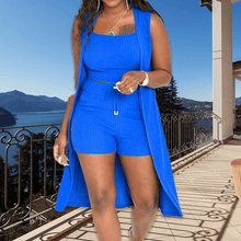 Load image into Gallery viewer, 3PCS Ribbed Crop Tank Top &amp; Shorts Set With Vest Cardigan