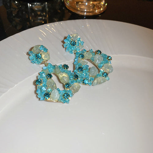 Diamond Encrusted Crystal Fan-Shaped Ginkgo Leaf Earrings