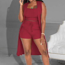 Load image into Gallery viewer, 3PCS Ribbed Crop Tank Top &amp; Shorts Set With Vest Cardigan
