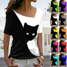 Load image into Gallery viewer, Diagonal Neck Black Cat T-Shirt