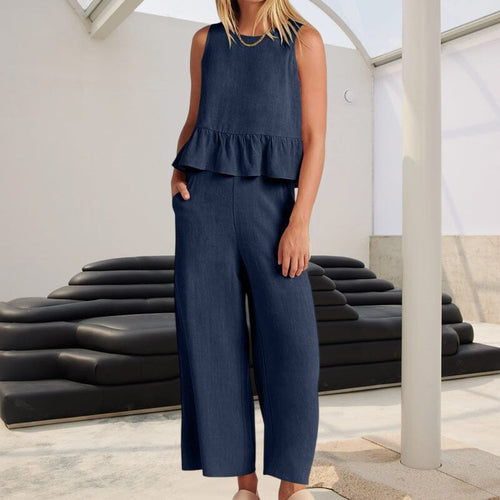 Women Sleeveless pleated tank top wide leg pants set