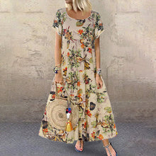 Load image into Gallery viewer, Vintage Cotton Linen Floral Print Short Sleeve Crew Neck Dress