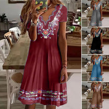 Load image into Gallery viewer, Wavy V-Neck Print Pastoral Casual Short Sleeve Dress