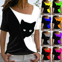 Load image into Gallery viewer, Diagonal Neck Black Cat T-Shirt