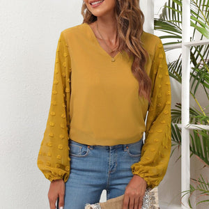 V-Neck Chiffon Panel Long Sleeve T-Shirt