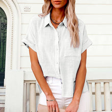 Load image into Gallery viewer, Women's Solid Color Pocket Short Sleeve Cotton Linen Shirt