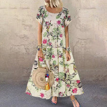 Load image into Gallery viewer, Vintage Cotton Linen Floral Print Short Sleeve Crew Neck Dress