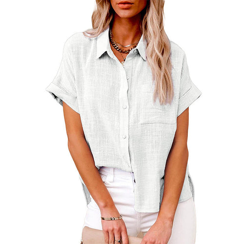 Women's Solid Color Pocket Short Sleeve Cotton Linen Shirt