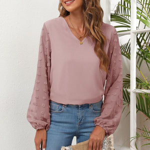 V-Neck Chiffon Panel Long Sleeve T-Shirt