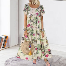 Load image into Gallery viewer, Vintage Cotton Linen Floral Print Short Sleeve Crew Neck Dress