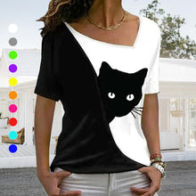 Load image into Gallery viewer, Diagonal Neck Black Cat T-Shirt