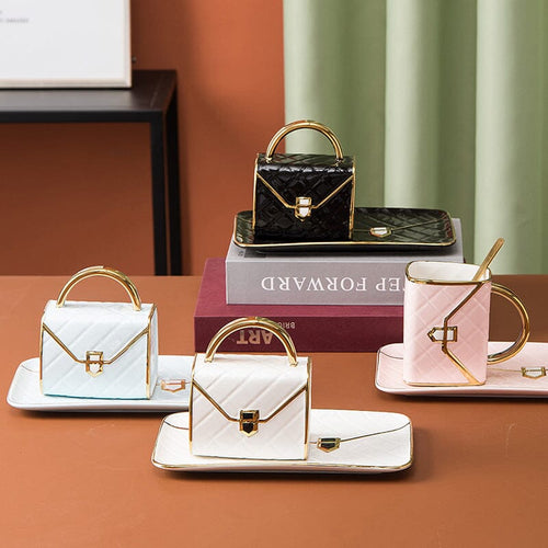 Creative Handbag Shaped Mug with Saucer and Spoon