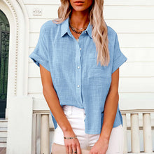 Load image into Gallery viewer, Women's Solid Color Pocket Short Sleeve Cotton Linen Shirt