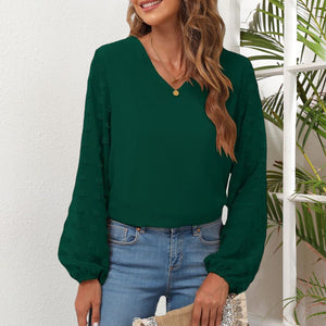 V-Neck Chiffon Panel Long Sleeve T-Shirt
