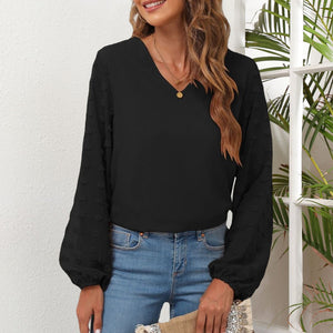 V-Neck Chiffon Panel Long Sleeve T-Shirt