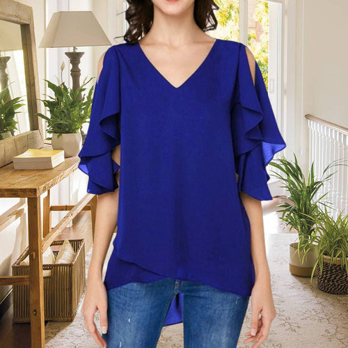 Women's Leaky Shoulder Lotus Leaf Sleeves Chiffon Top