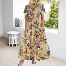 Load image into Gallery viewer, Vintage Cotton Linen Floral Print Short Sleeve Crew Neck Dress