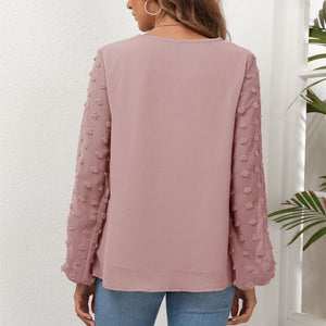 V-Neck Chiffon Panel Long Sleeve T-Shirt