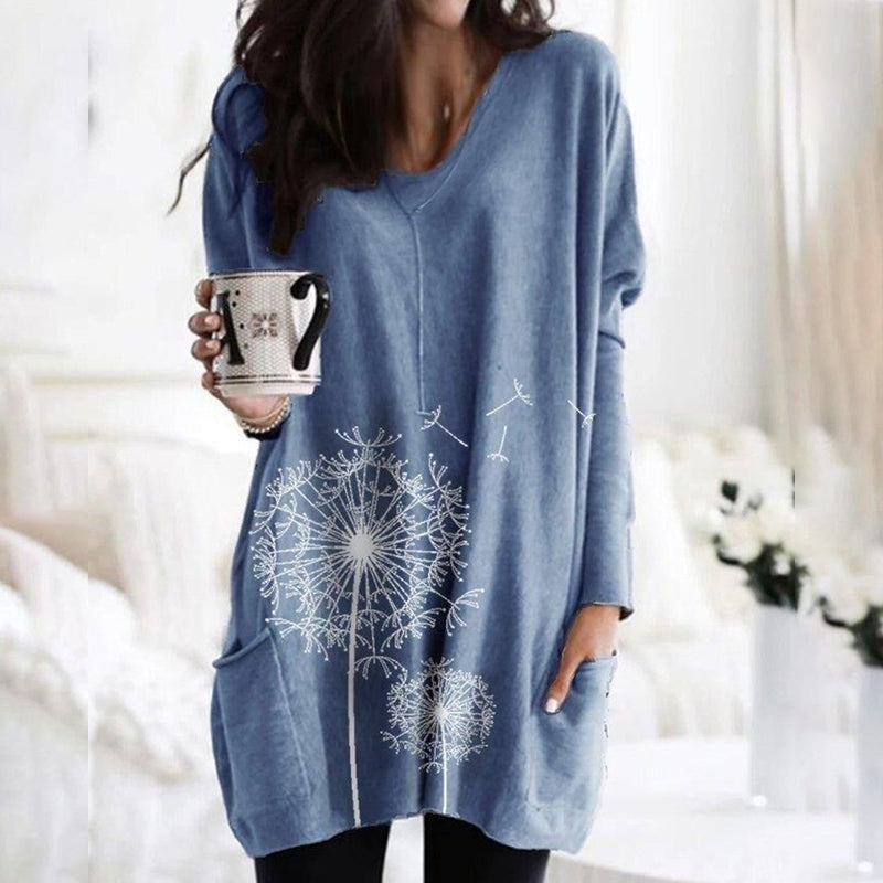 Women's Round Neck Printing Long-sleeved Top Sweater