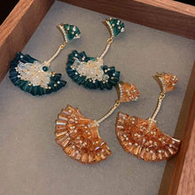 Load image into Gallery viewer, Diamond Encrusted Crystal Fan-Shaped Ginkgo Leaf Earrings