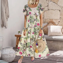 Load image into Gallery viewer, Vintage Cotton Linen Floral Print Short Sleeve Crew Neck Dress