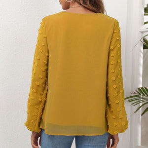 V-Neck Chiffon Panel Long Sleeve T-Shirt