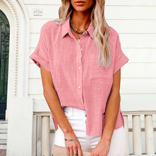 Load image into Gallery viewer, Women's Solid Color Pocket Short Sleeve Cotton Linen Shirt