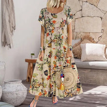 Load image into Gallery viewer, Vintage Cotton Linen Floral Print Short Sleeve Crew Neck Dress