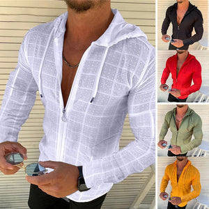 Casual Long-sleeved Shirt Hooded Fitting Cardigan Zipped Cardigan Shirt