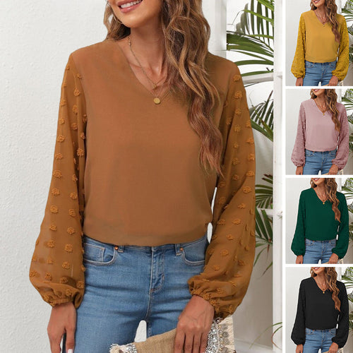 V-Neck Chiffon Panel Long Sleeve T-Shirt