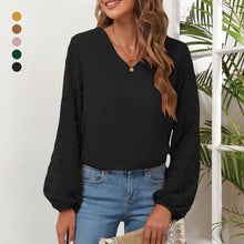 Load image into Gallery viewer, V-Neck Chiffon Panel Long Sleeve T-Shirt