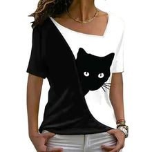 Load image into Gallery viewer, Diagonal Neck Black Cat T-Shirt